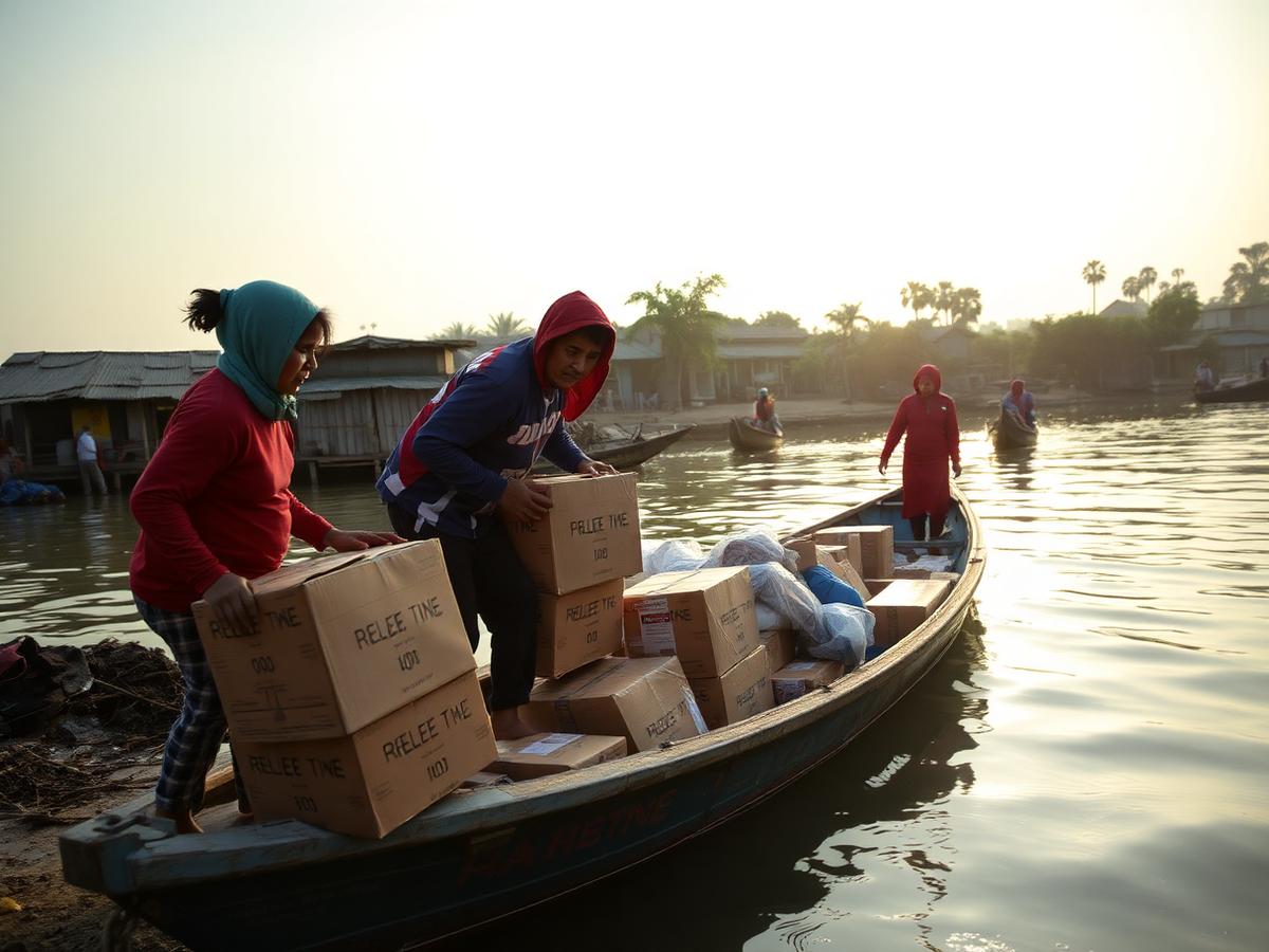 Volunteers loading relief supplies onto a boat at a riverside village